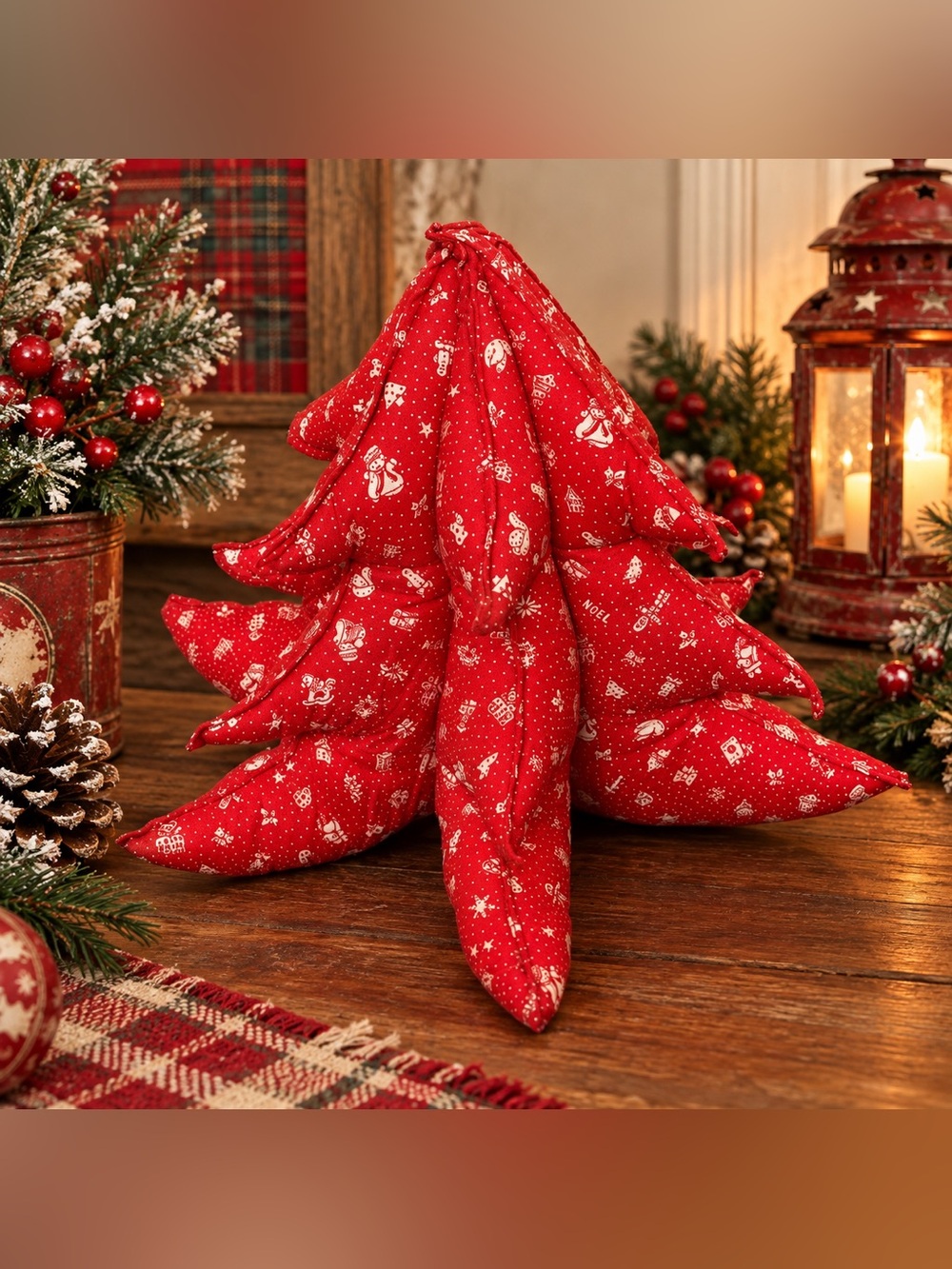 Vintage Christmas Tree Handmade Fabric Plush Stuffed Red Snowman Print
